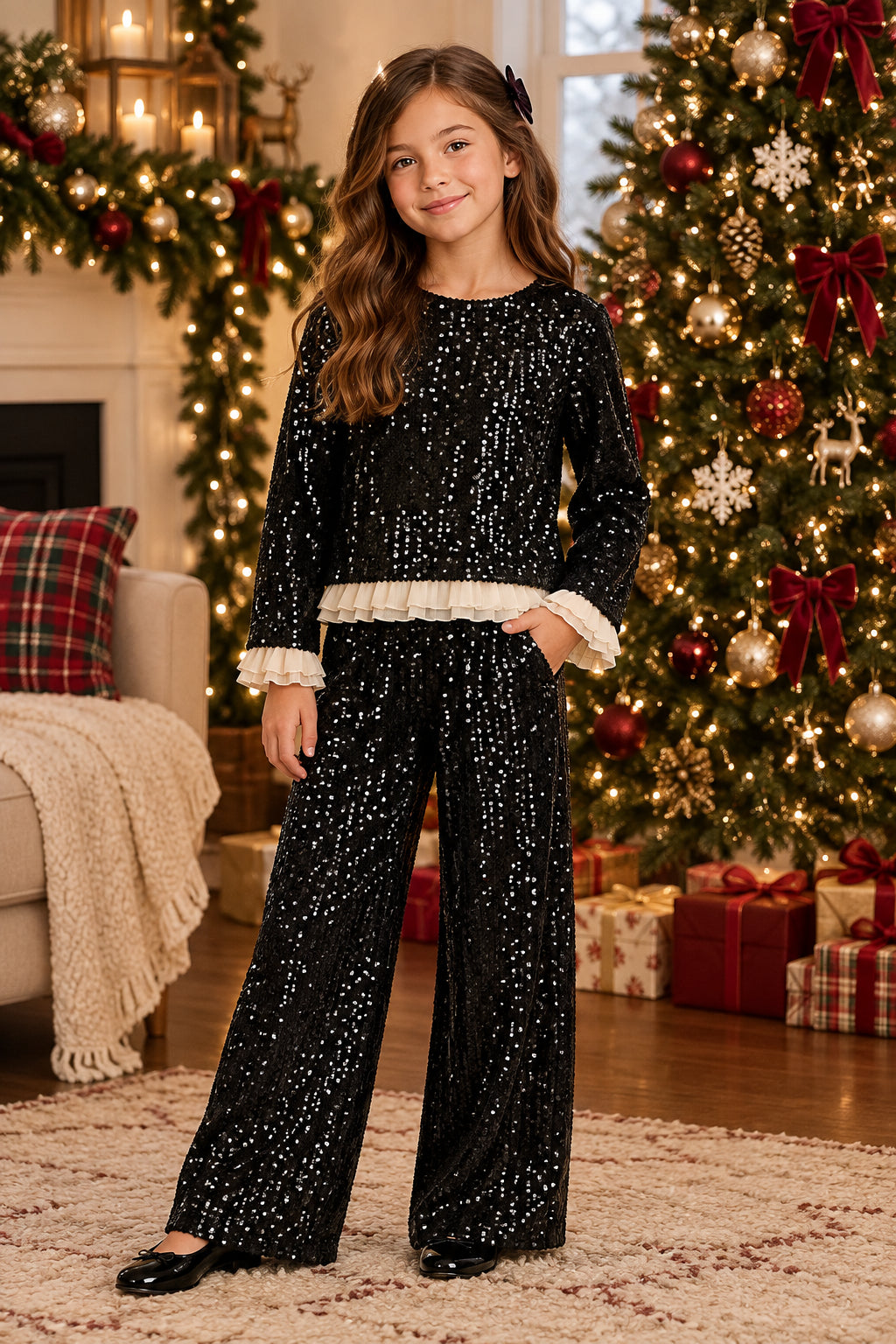 Conjunto pantalón y blusa lentejuela negro