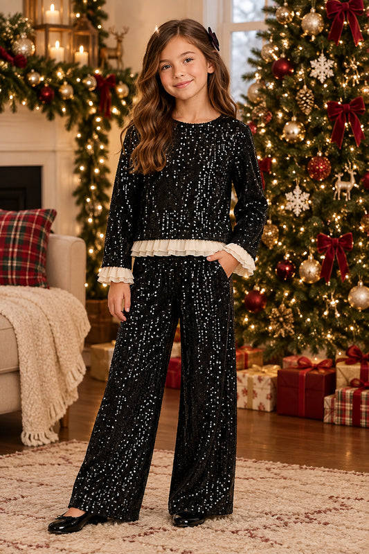 Conjunto pantalón y blusa lentejuela negro