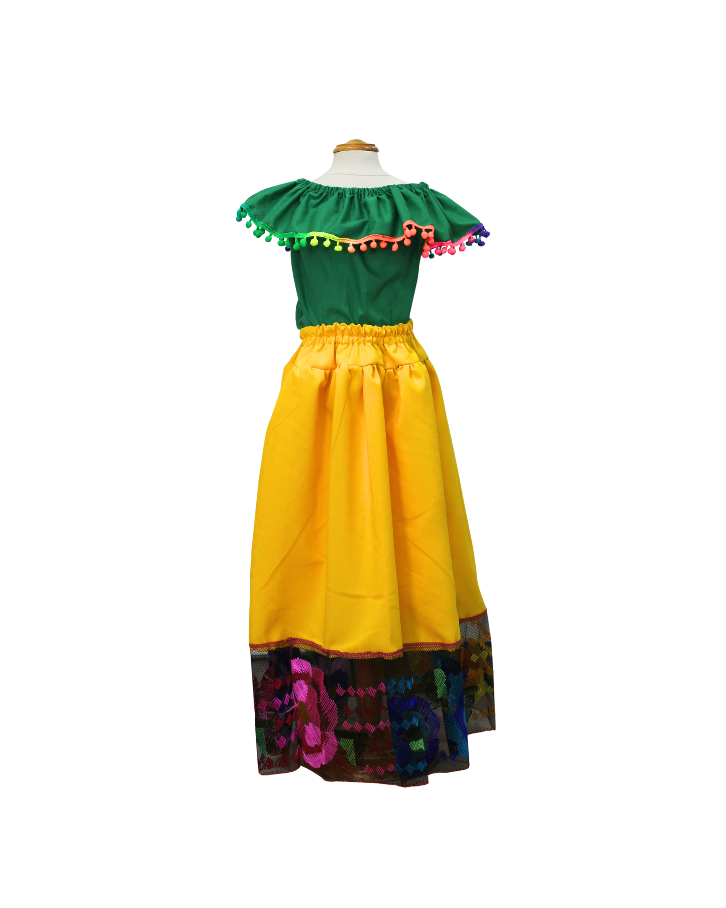SET FALDA ADELITA AMARILLO  BLUSA CAMPESINA VERDE POMPON ARCOIRIS
