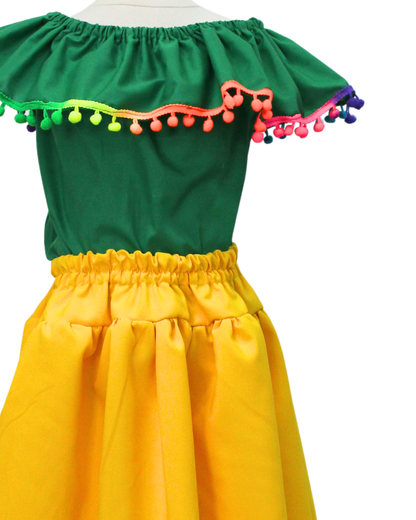 SET FALDA ADELITA AMARILLO  BLUSA CAMPESINA VERDE POMPON ARCOIRIS