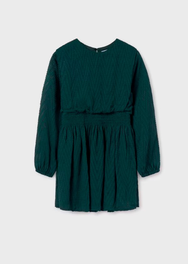 vestido manga larga, olanes laterales, color verde pino