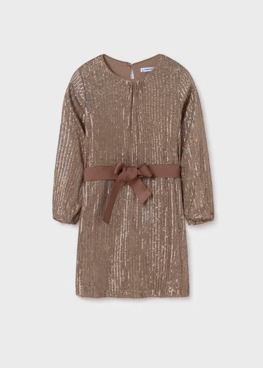 vestido dorado lentejuela con cinturón