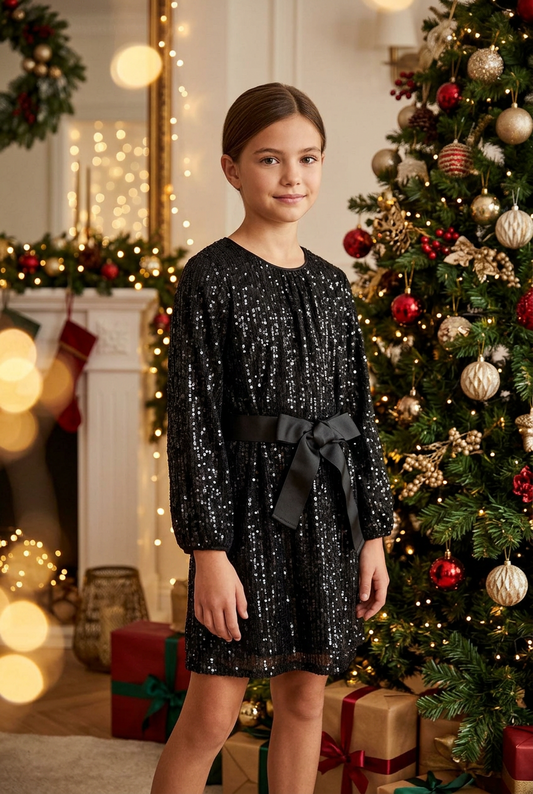 vestido lentejuela negro con cinturón