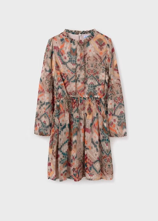 vestido patrones sepia, con smoke en cintura