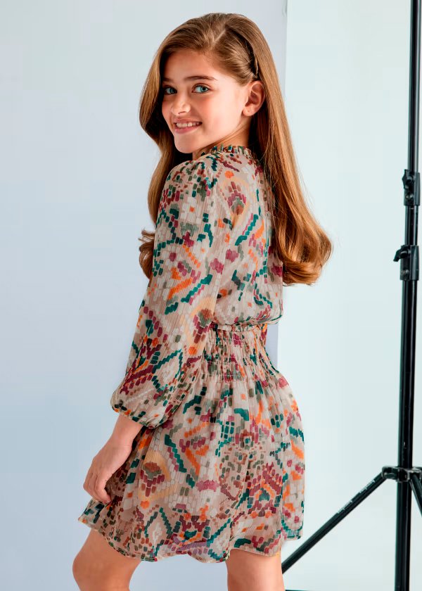 vestido patrones sepia, con smoke en cintura