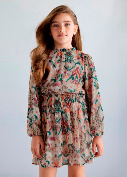 vestido patrones sepia, con smoke en cintura