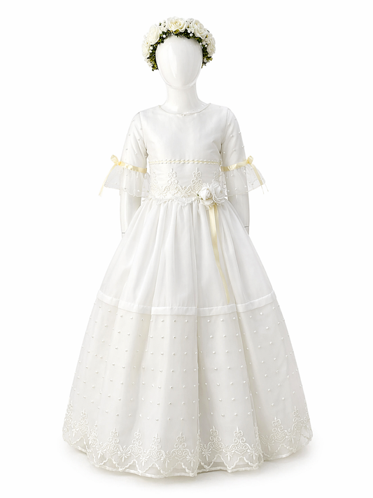 vestido primera comunión color perla con manga campana tres cuartos, talla 10