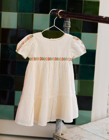 Vestido de lino con bordado + cubrepañal para bebé niña, beige claro