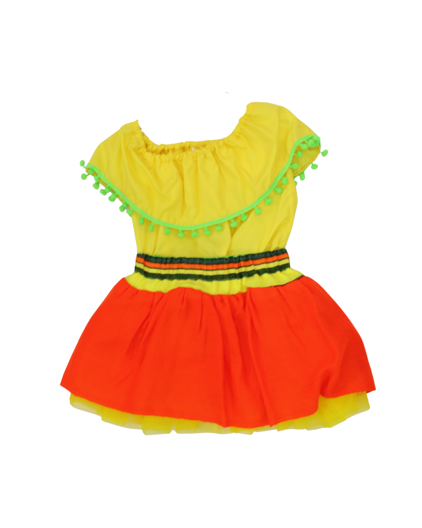 SET PATRIO TUTU CON BLUSA CAMPESINA AMARILLA POMPON VERDE, FALDA NARANJA