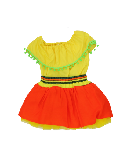 SET PATRIO TUTU CON BLUSA CAMPESINA AMARILLA POMPON VERDE, FALDA NARANJA