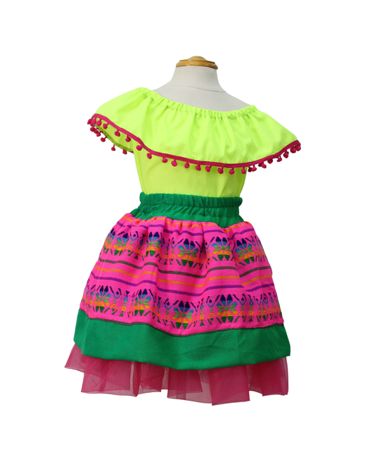 SET PATRIO TUTU CON BLUSA CAMPESINA NEON POMPON ROJO, FALDA RAYAS CAMBAYA