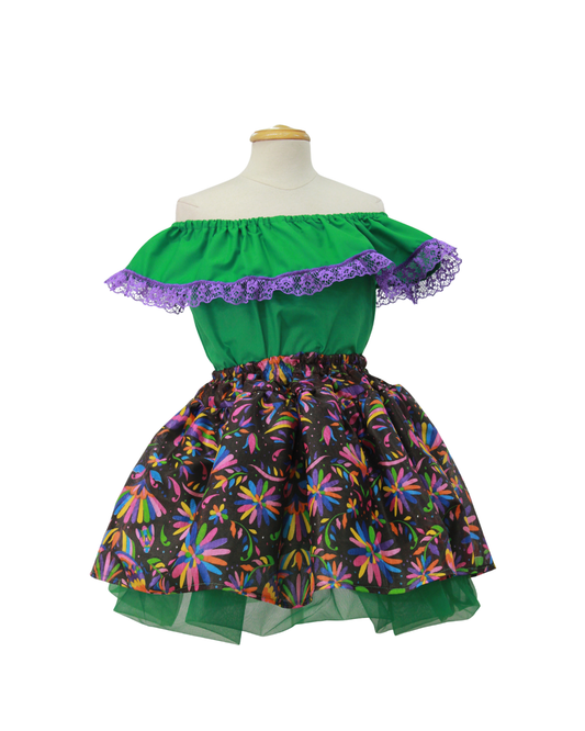 SET PATRIO TUTU CON BLUSA CAMPESINA VERDE ENCAJE MORADO, FALDA FLORES