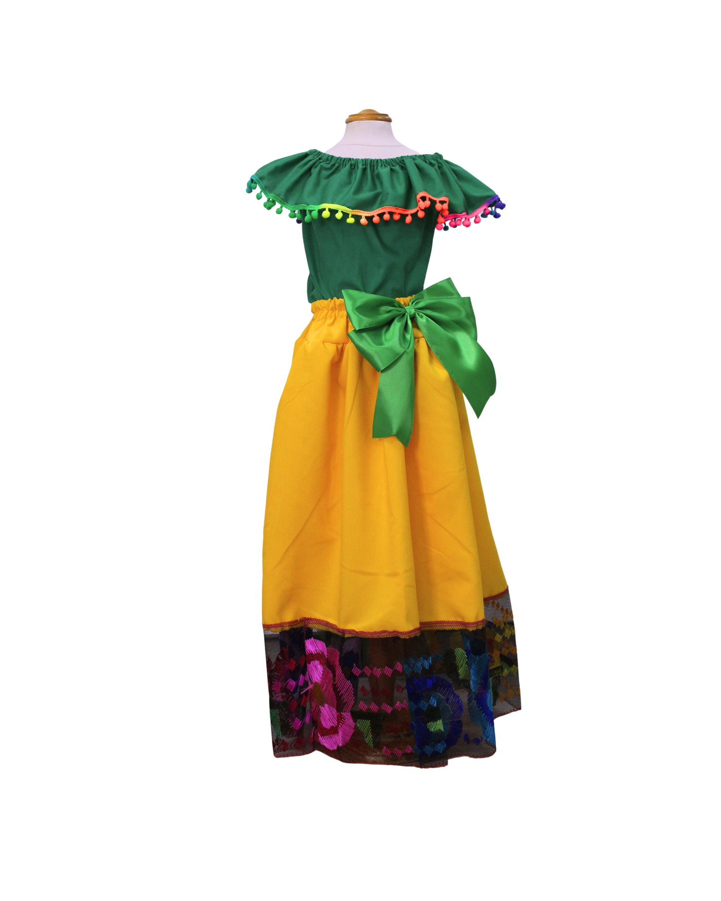 SET FALDA ADELITA AMARILLO  BLUSA CAMPESINA VERDE POMPON ARCOIRIS