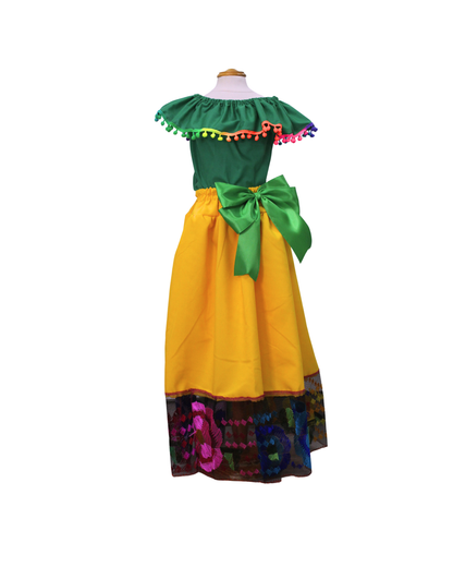 SET FALDA ADELITA AMARILLO  BLUSA CAMPESINA VERDE POMPON ARCOIRIS