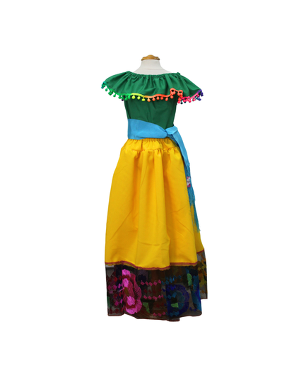 SET FALDA ADELITA AMARILLO  BLUSA CAMPESINA VERDE POMPON ARCOIRIS