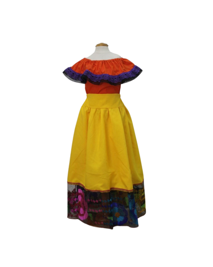 SET FALDA ADELITA AMARILLO  BLUSA CAMPESINA NARANJA ENCAJE MORADO