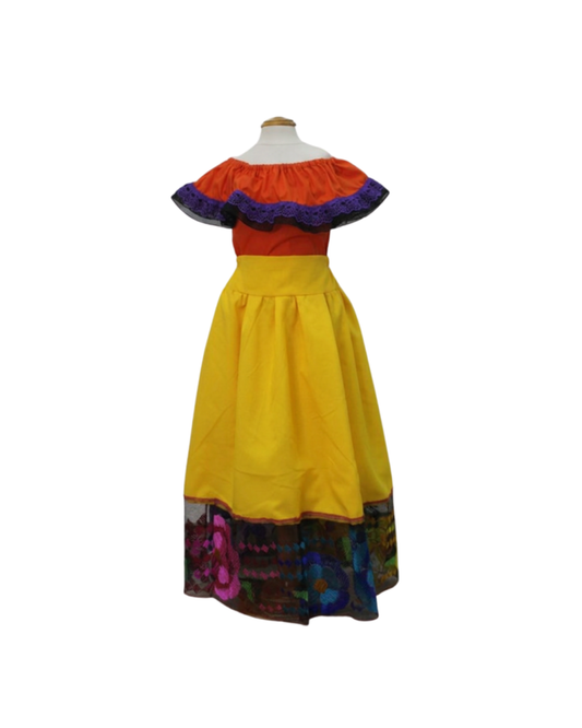 SET FALDA ADELITA AMARILLO  BLUSA CAMPESINA NARANJA ENCAJE MORADO