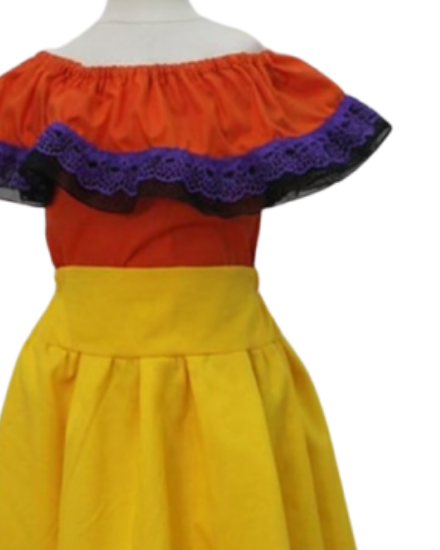 SET FALDA ADELITA AMARILLO  BLUSA CAMPESINA NARANJA ENCAJE MORADO