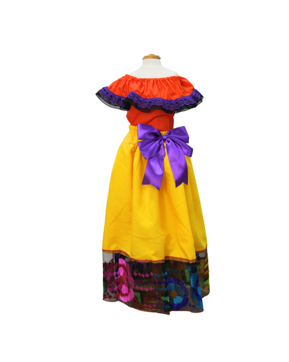 SET FALDA ADELITA AMARILLO  BLUSA CAMPESINA NARANJA ENCAJE MORADO