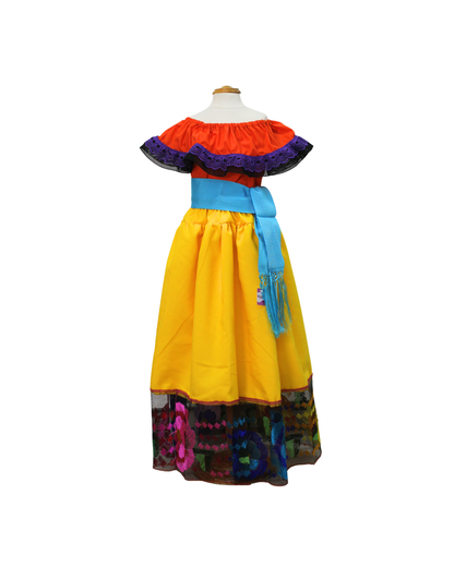 SET FALDA ADELITA AMARILLO  BLUSA CAMPESINA NARANJA ENCAJE MORADO