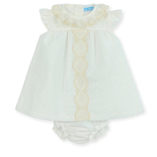 vestido punto cuello de encaje, crudo
