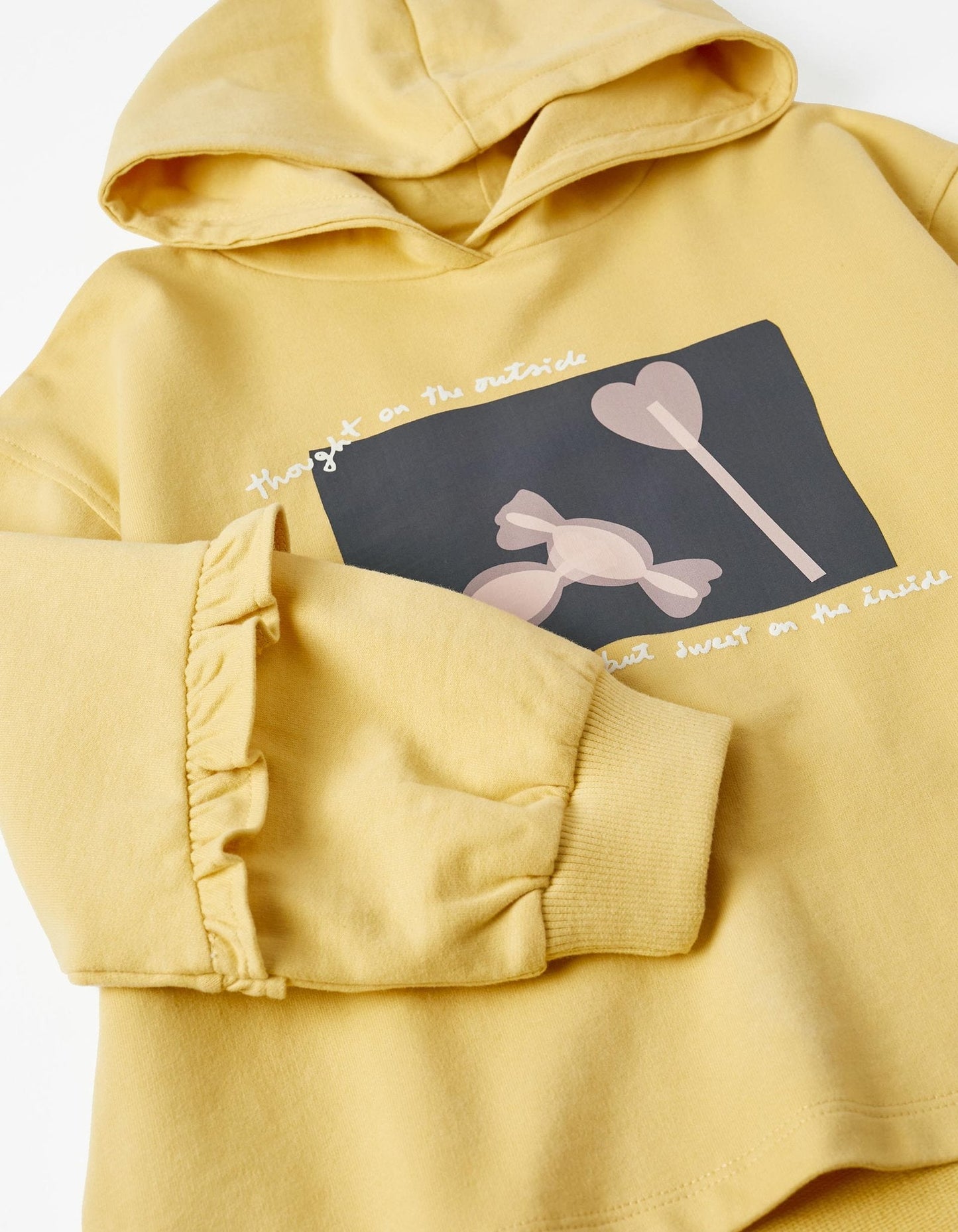 sudadera con gorro color amarillo, print sweet