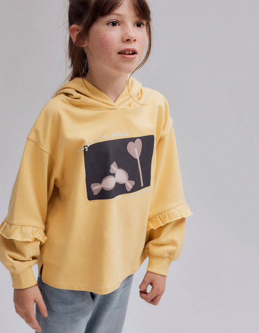 sudadera con gorro color amarillo, print sweet