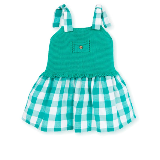 vestido verde talle tejido falda a cuadros primavera