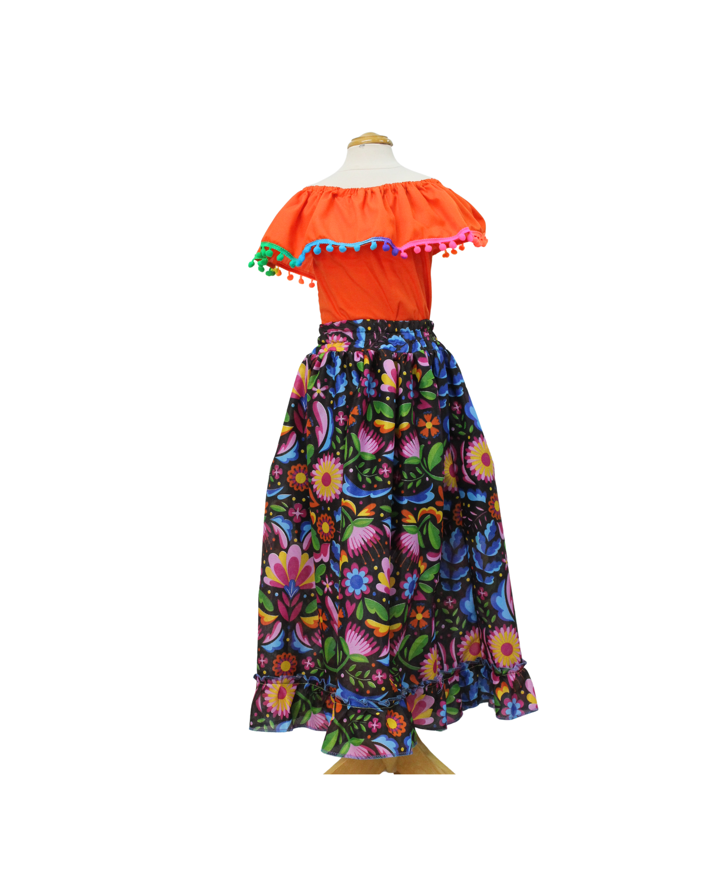 SET FALDA ADELITA FLORES  BLUSA CAMPESINA NARANJA POMPON ARCOIRIS