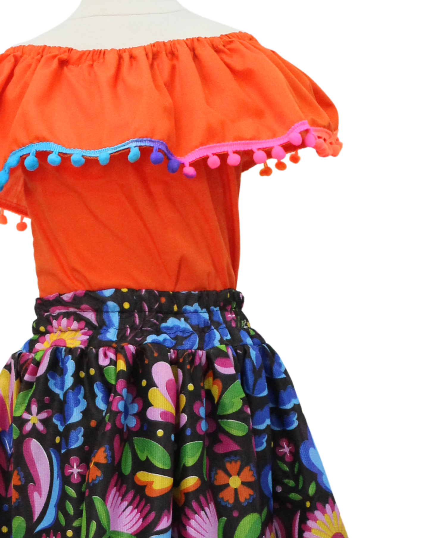 SET FALDA ADELITA FLORES  BLUSA CAMPESINA NARANJA POMPON ARCOIRIS