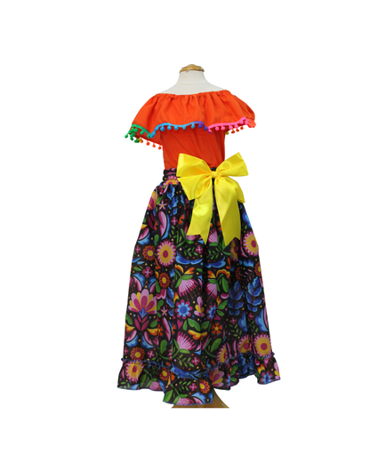 SET FALDA ADELITA FLORES  BLUSA CAMPESINA NARANJA POMPON ARCOIRIS