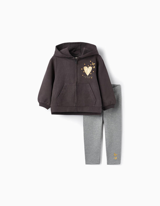 conjunto sudadera con leggins color gris, print corazón oro