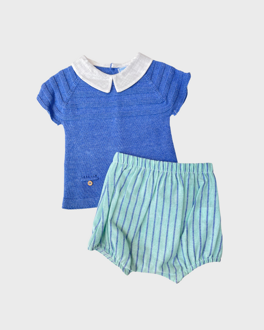 Conjunto playera punto con cuello blanco y calzon a rayas