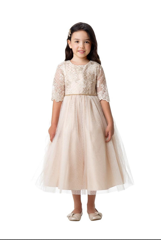 Vestido champagne guipiur rombos flores falda tul