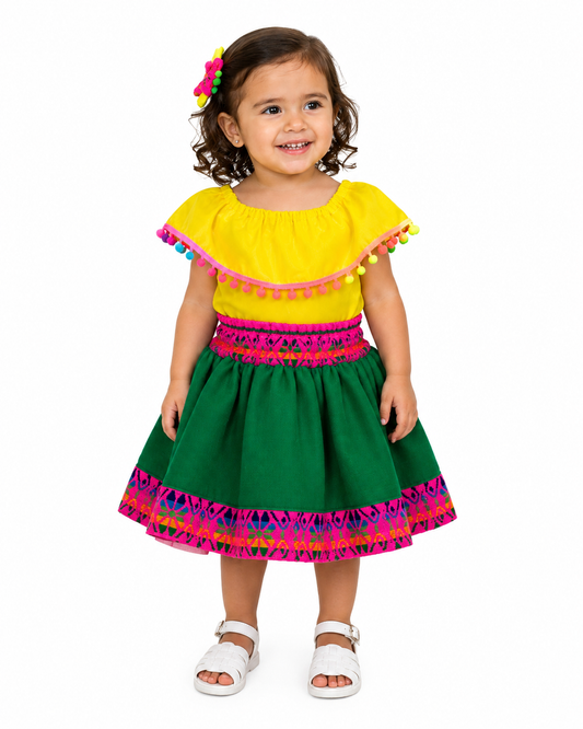 SET PATRIO TUTU CON BLUSA CAMPESINA AMARILLA POMPON ARCOIRIS, FALDA CAMBAYA VERDE