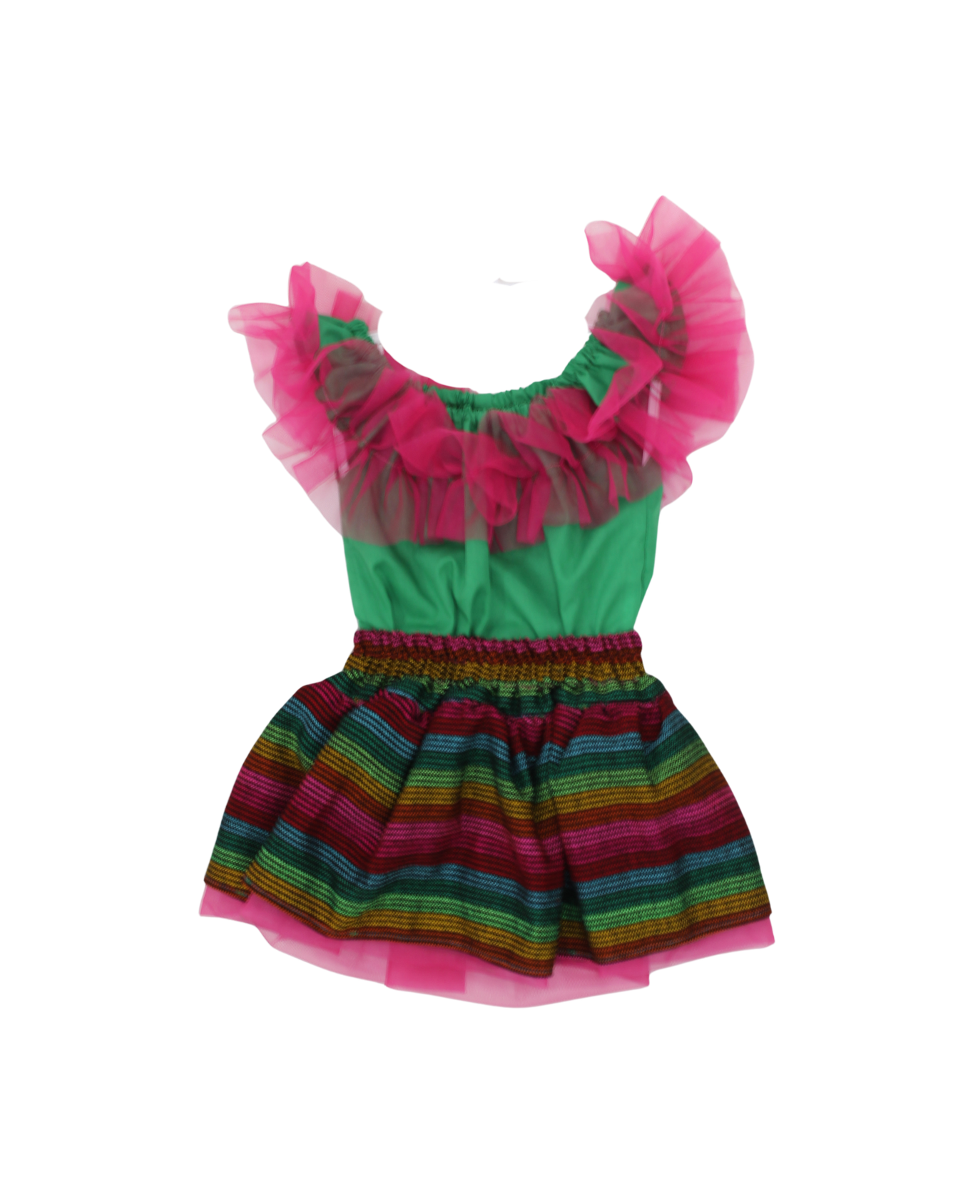 SET PATRIO TUTU CON BLUSA CAMPESINA VERDE ENCAJE ROSA, FALDA CAMBAYA A RAYAS