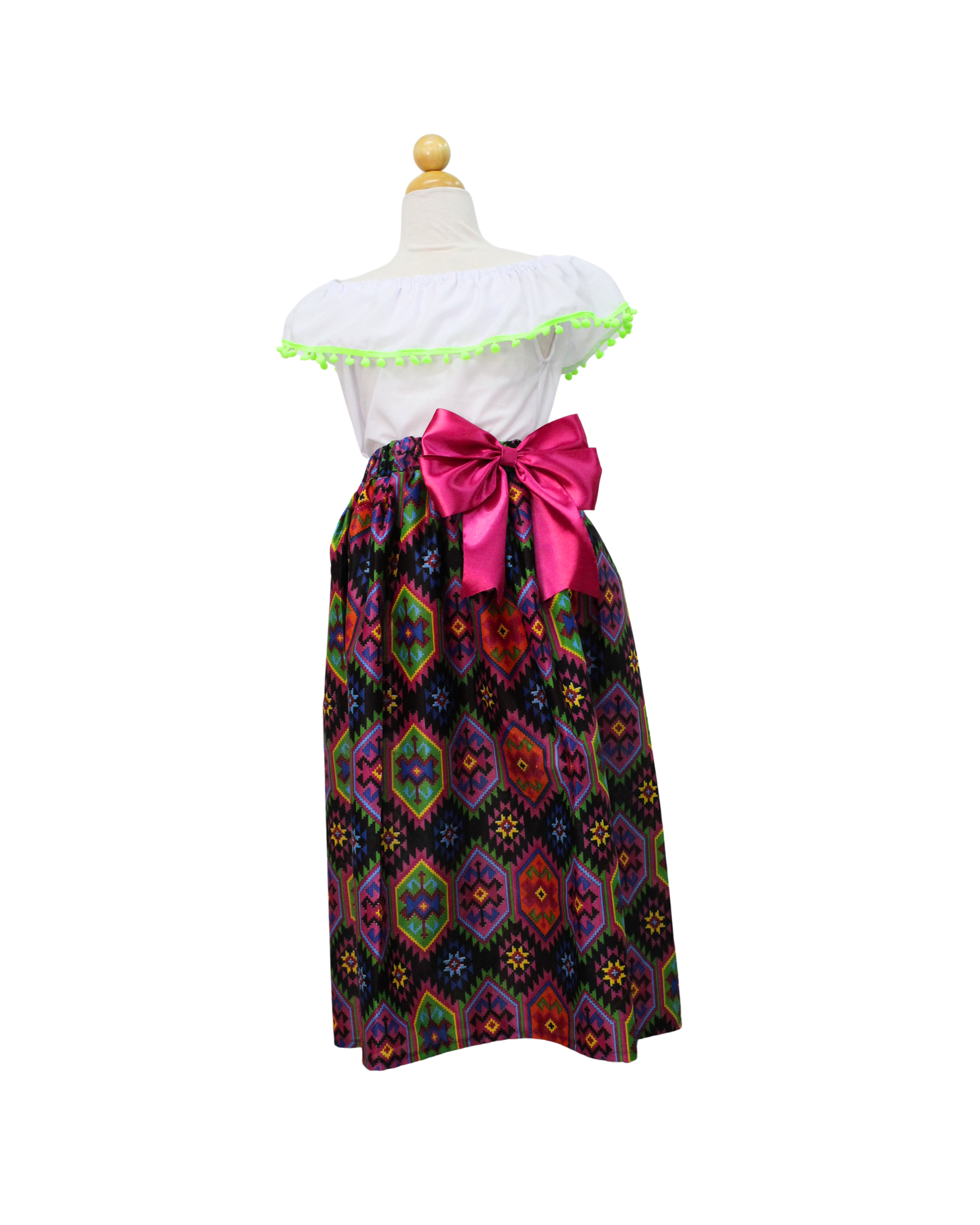 SET FALDA ADELITA GEOMETRIA   BLUSA MANGA CAMPESINA POMPON VERDE