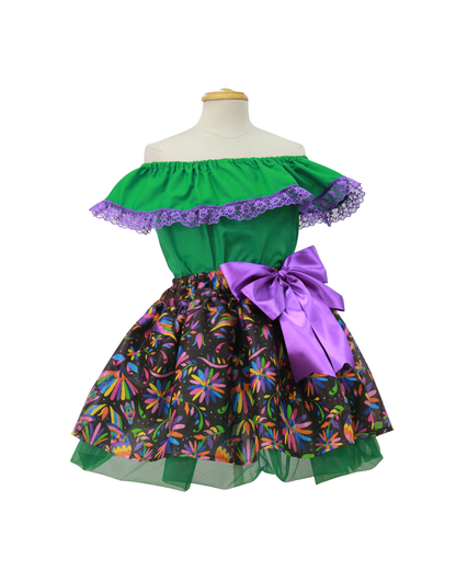 SET PATRIO TUTU CON BLUSA CAMPESINA VERDE ENCAJE MORADO, FALDA FLORES