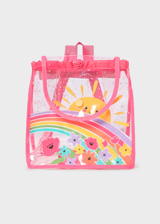 Mochila transparente detalles rosa amapola