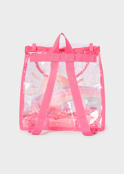 Mochila transparente detalles rosa amapola