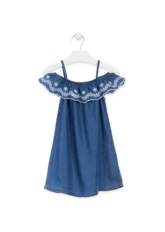 vestido denim, losan con olan en los hombros