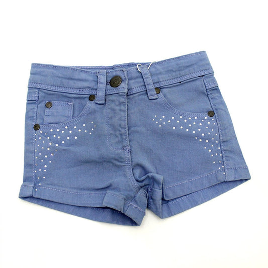 short corto con talle alto color azul, aplicaciones a los lados