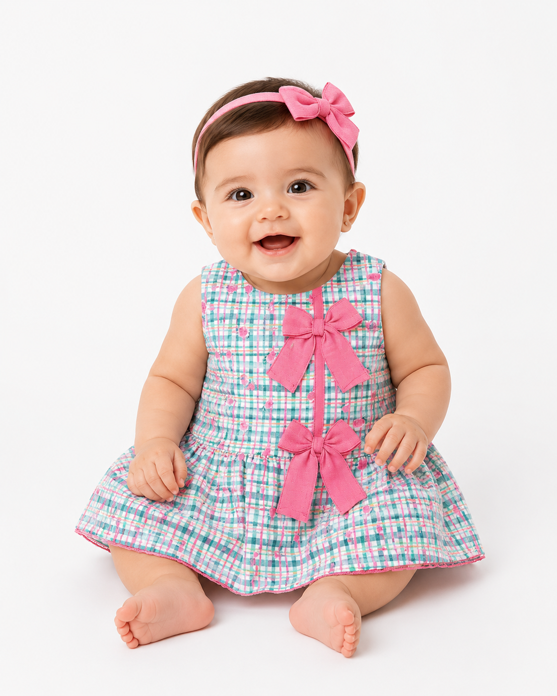 Vestido cuadros verdes/cerezas con 2 moños rosas