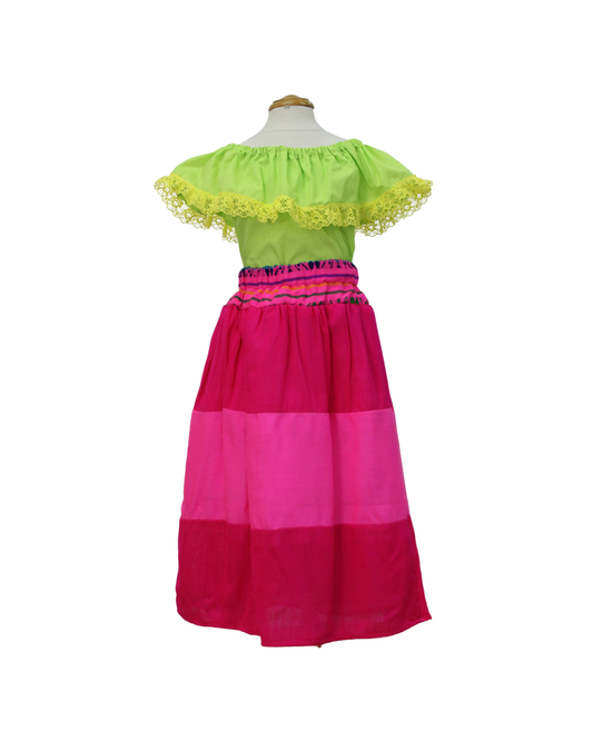 SET FALDA ADELITA ROSA  BLUSA CAMPESINA VERDE LIMÓN ENCAJE AMARILLO