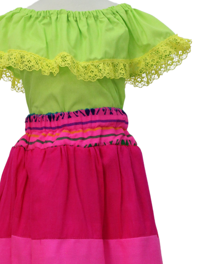 SET FALDA ADELITA ROSA  BLUSA CAMPESINA VERDE LIMÓN ENCAJE AMARILLO
