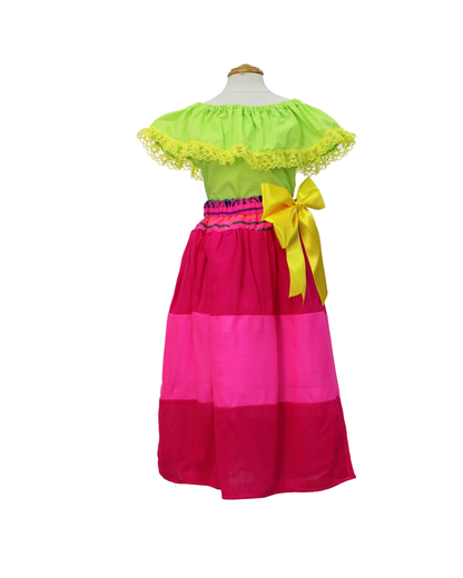 SET FALDA ADELITA ROSA  BLUSA CAMPESINA VERDE LIMÓN ENCAJE AMARILLO