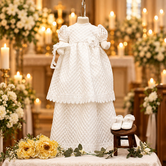 ropon color blanco, 3 flores con perlas