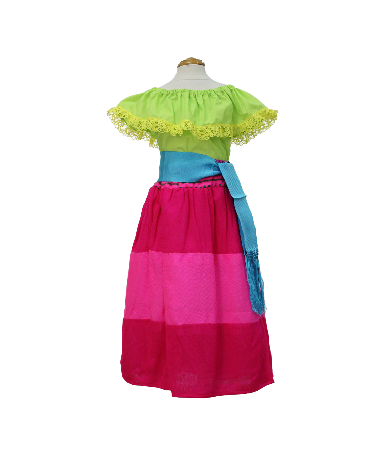 SET FALDA ADELITA ROSA  BLUSA CAMPESINA VERDE LIMÓN ENCAJE AMARILLO