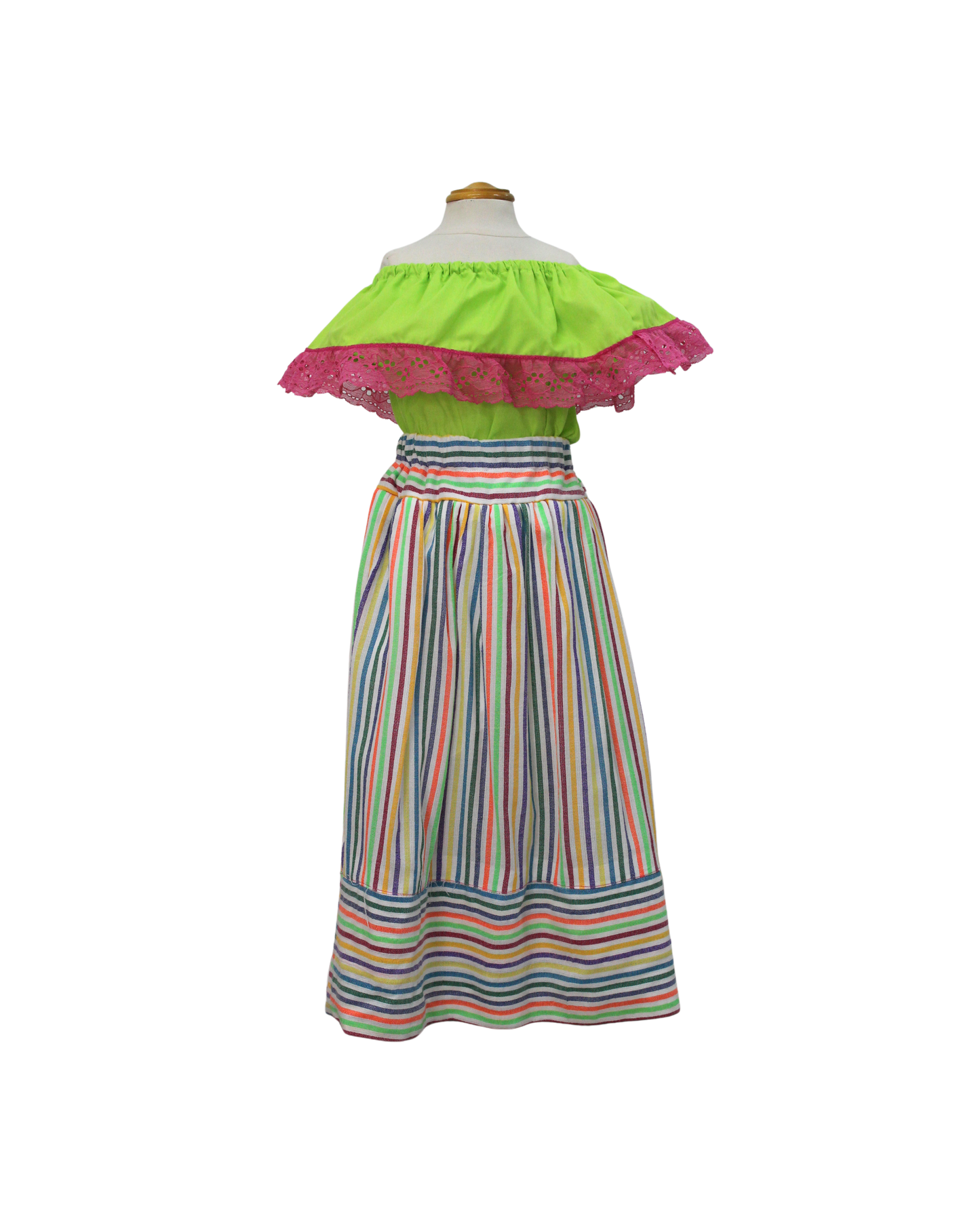 SET FALDA ADELITA RAYAS  BLUSA CAMPESINA VERDE LIMÓN ENCAJE ROSA