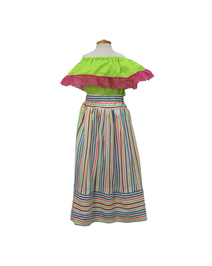 SET FALDA ADELITA RAYAS  BLUSA CAMPESINA VERDE LIMÓN ENCAJE ROSA